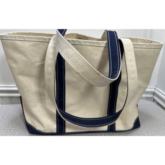 L.L. Bean Handbags - Vtg LL Bean Boat And Tote Canvas Tote Large Base Navy Blue Cream USA 23x13x7
